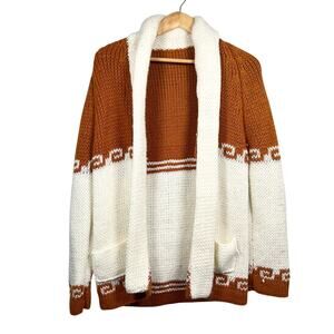 Vintage 50's*60's Knit Aztec Brown White Cardigan Sweater Large 20x31